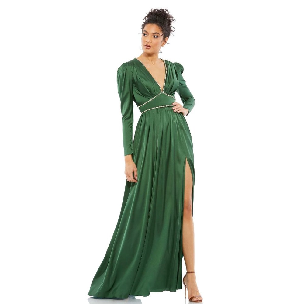 Mac Duggal Satin Puff Shoulder Rhinestone Encrusted Gown Emerald Green Size 8